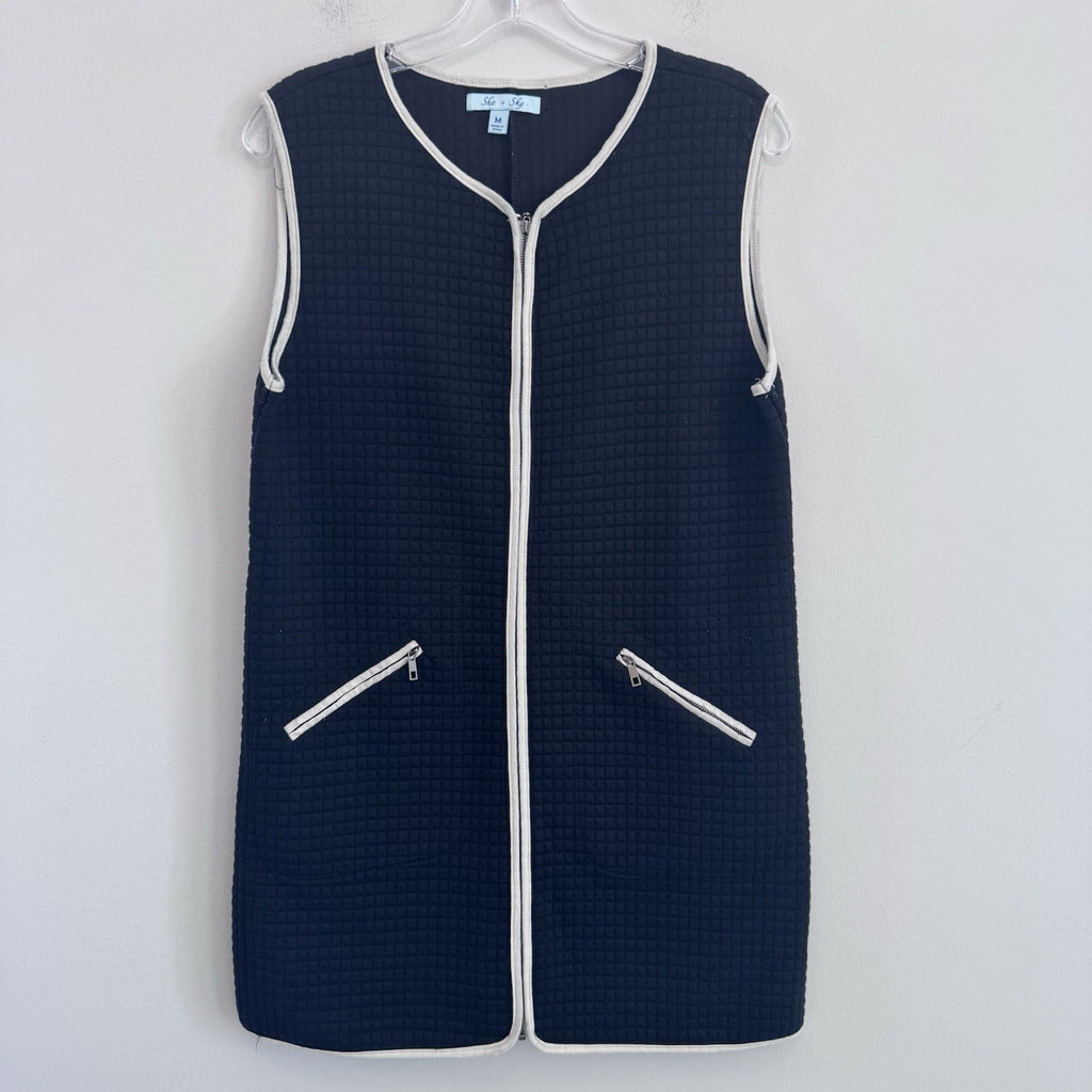 She + Sky Quilted Zip Up Vest Dress Women Medium Black Sleeveless