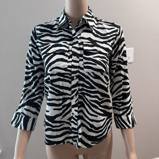 Lauren Ralph Lauren Petite Zebra Print Button Down Shirt Black White P/P