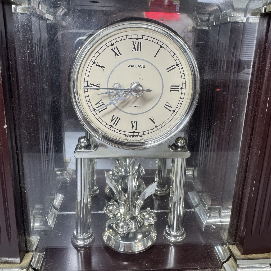 Wallace Silversmiths Quartz Mantel Clock Wooden Glass Desk Shelf Decor 80s VTG