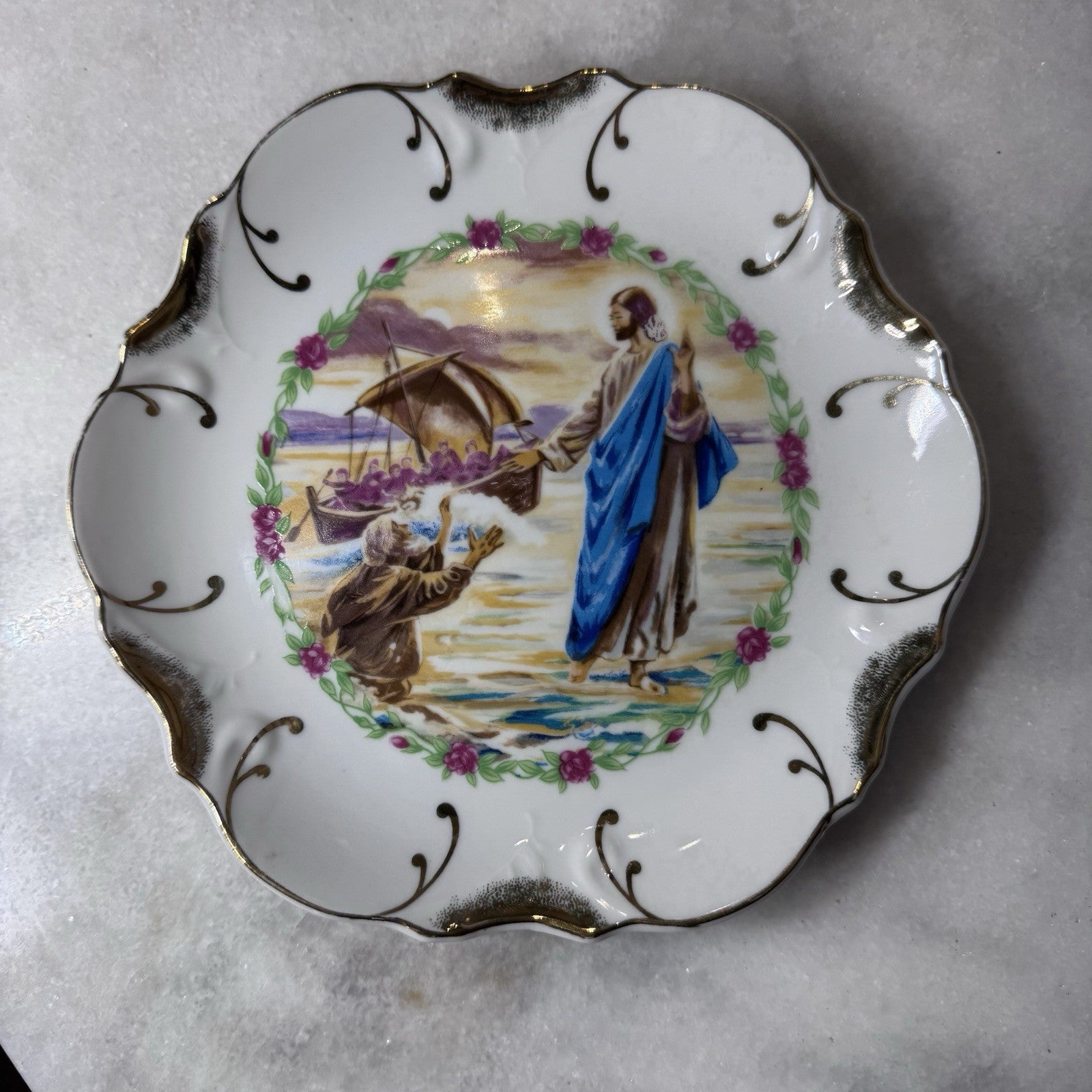 Vintage Jesus Walking on Water Decorative Plate 22K Gold Trim Japan