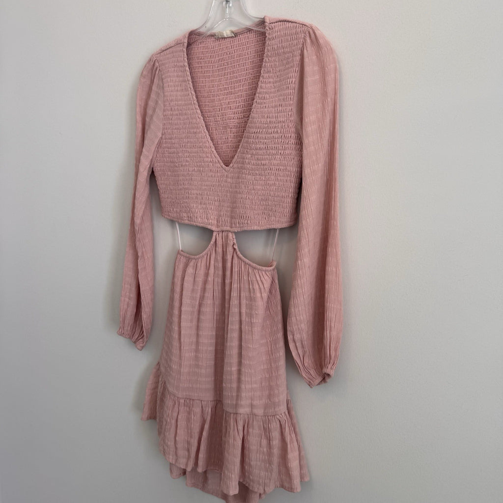 Altar'd State Pink Cutout Mini Dress Small Boho Smocked Long Sleeve Women’s