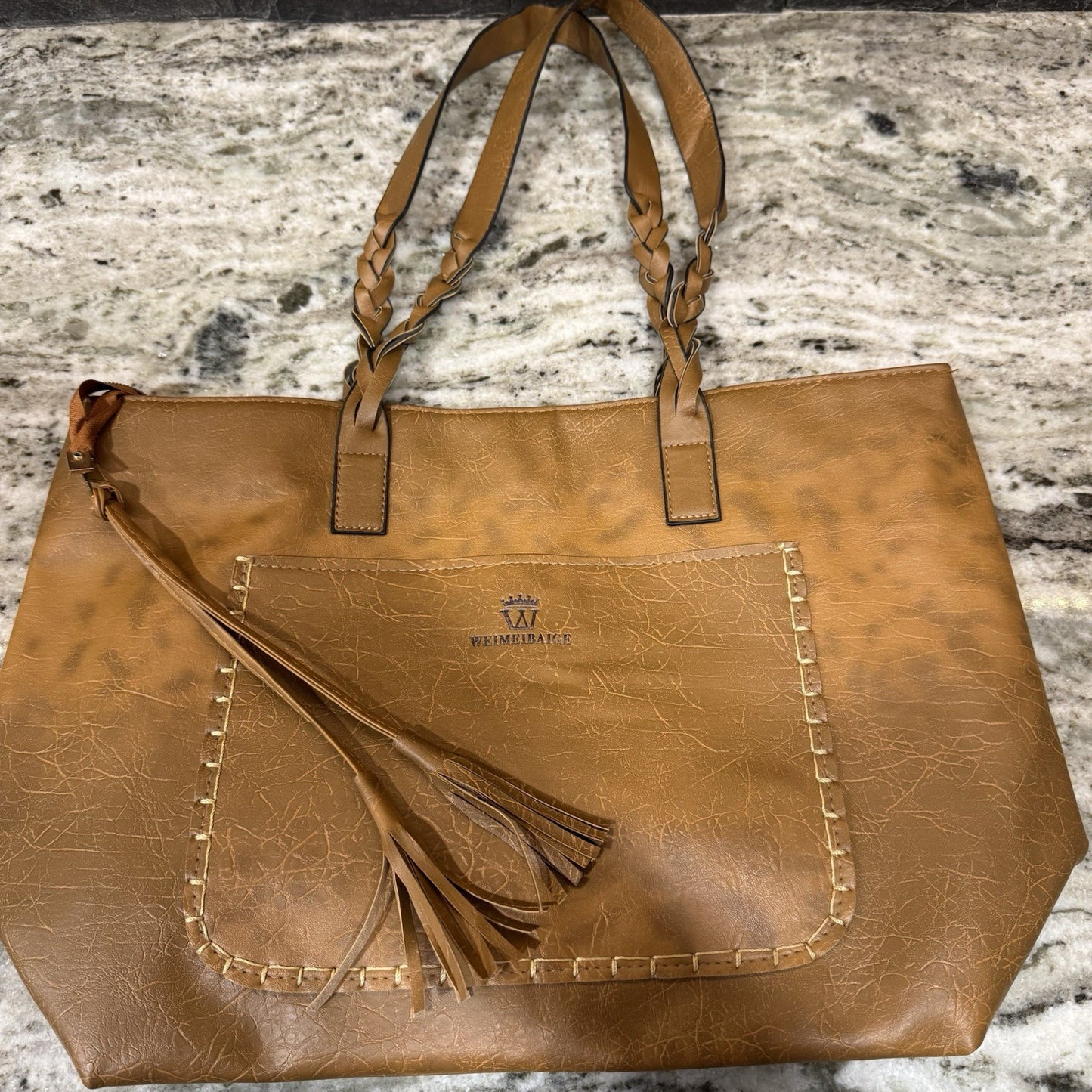 Weimeibaige Handbag Oversized Tote Vegan Leather Light Brown Braided Handles