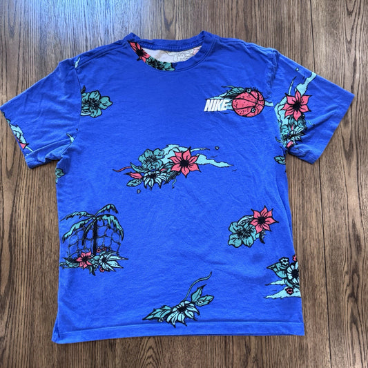 Nike Hoops Island Floral Basketball Tee Size M Blue Tropical Graphic Shirt