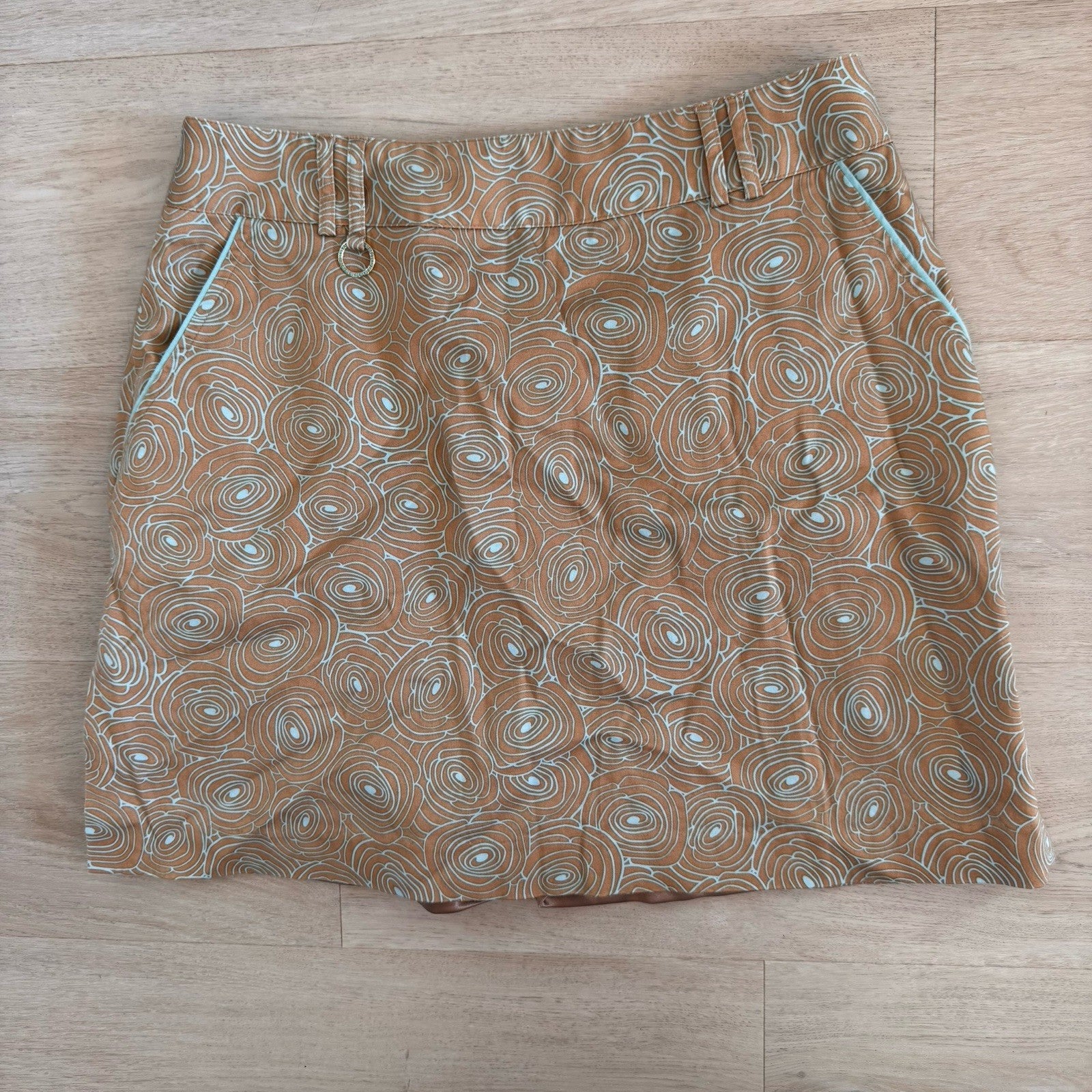 Sport Haley Tan Blue Swirl Print Skirt Size 10 Y2K Mod Retro Women’s