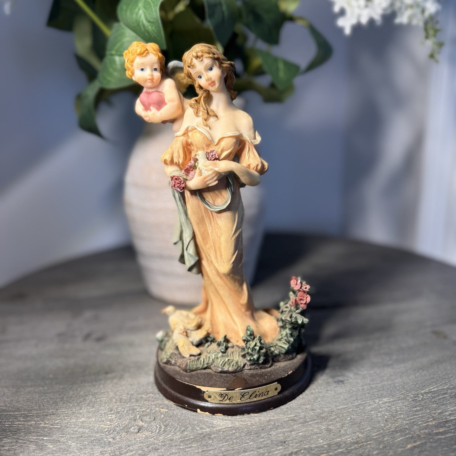 Vintage De Elina Angel with Cherub Figurine 10" Seraphim Statue Dove & Roses