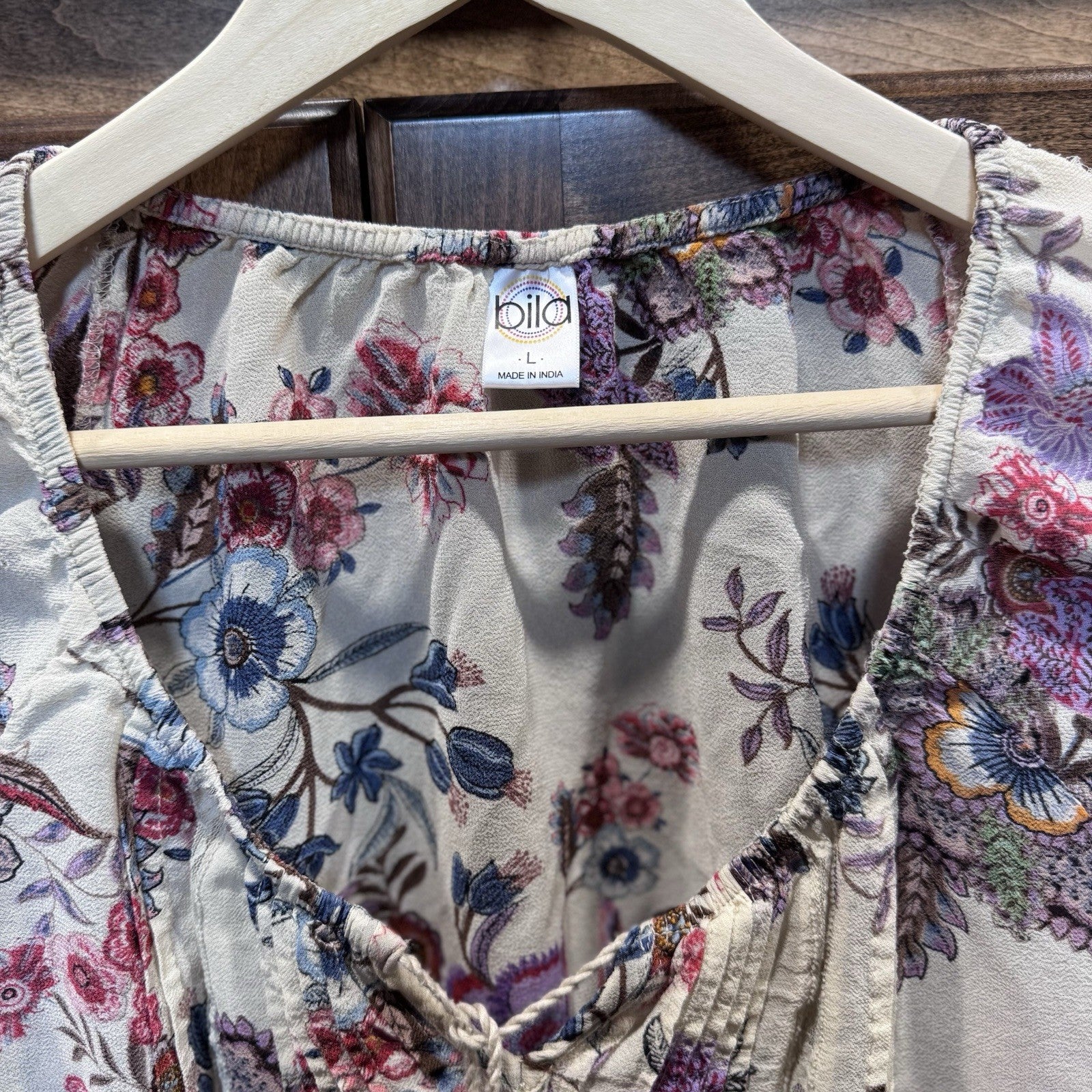 Billabong Boho Floral Peasant Blouse Women’s Large Cream Multicolor 3/4 Sleeve 