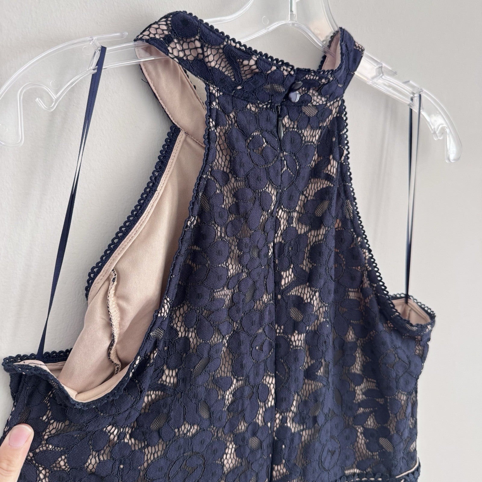 Blu Pepper Navy Lace Halter Dress L Nude Lining B8SD1112 Cocktail