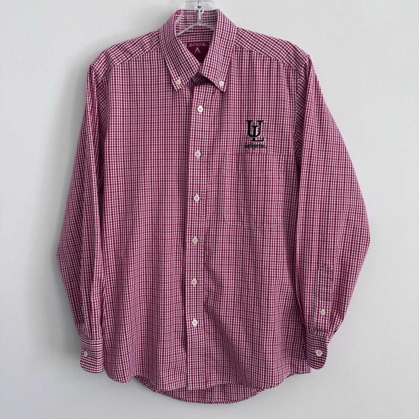 Antigua UL Lafayette Button Down Shirt Small Red Gingham Long Sleeve Logo