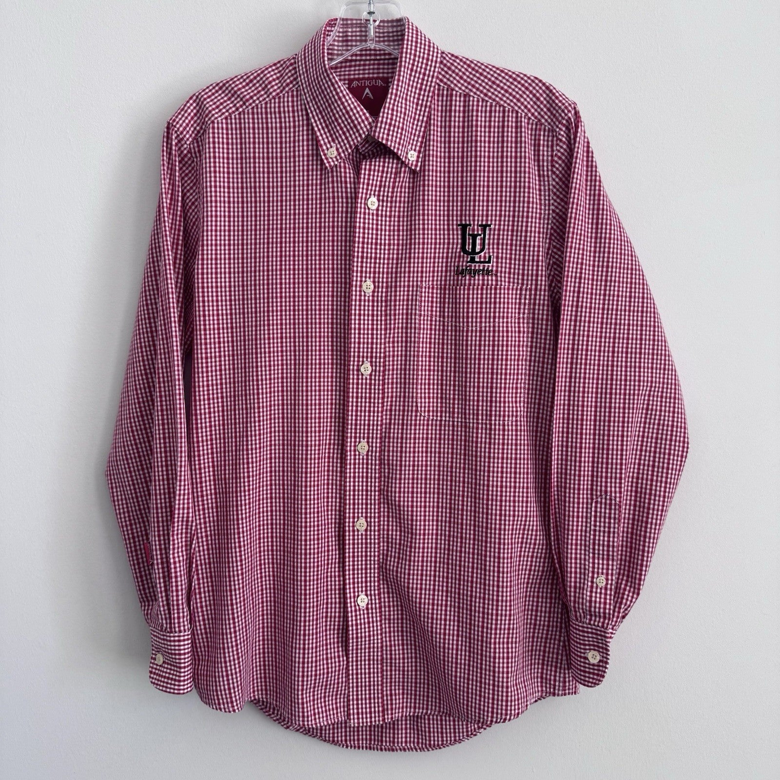 Antigua UL Lafayette Button Down Shirt Small Red Gingham Long Sleeve Logo