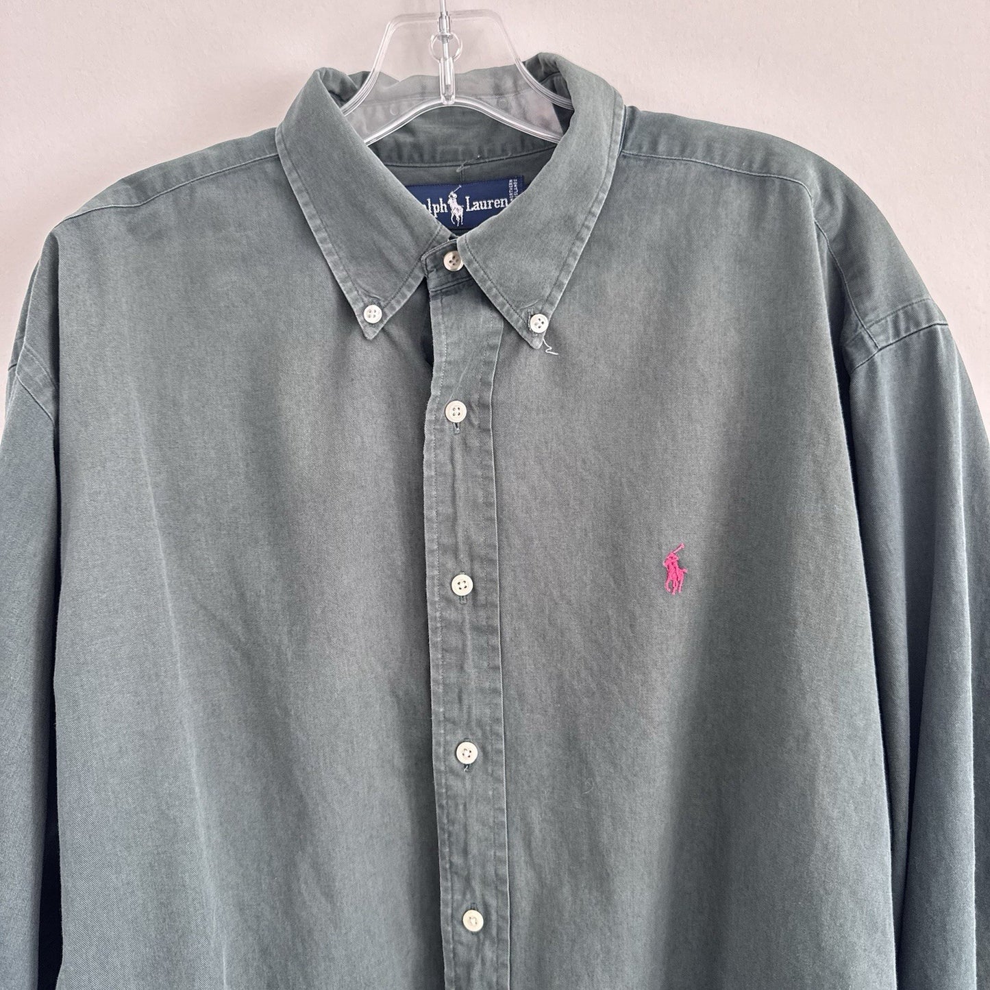 Ralph Lauren XL Green Button Down Shirt Pink Pony 100% Cotton