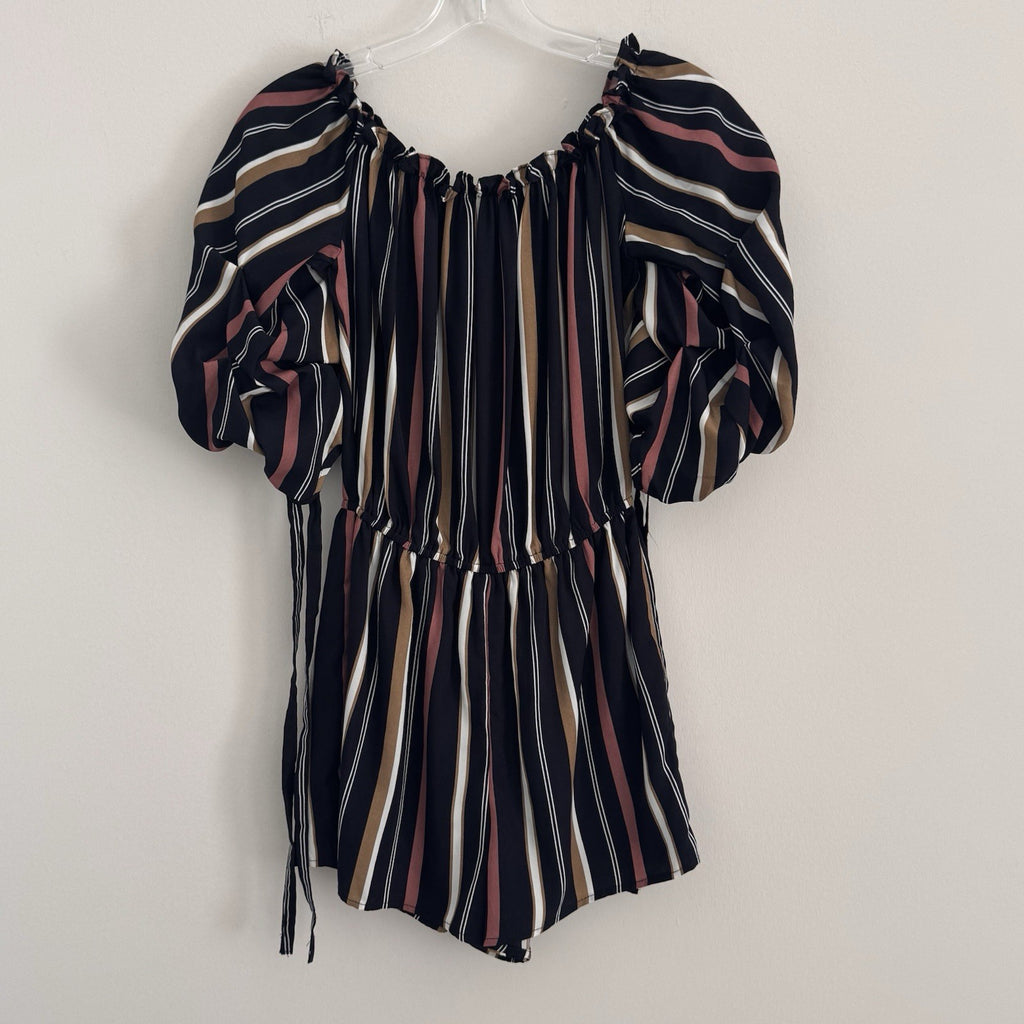 She + Sky Striped Romper Women's Size S Puff Sleeve Off the Shoulder Boho
