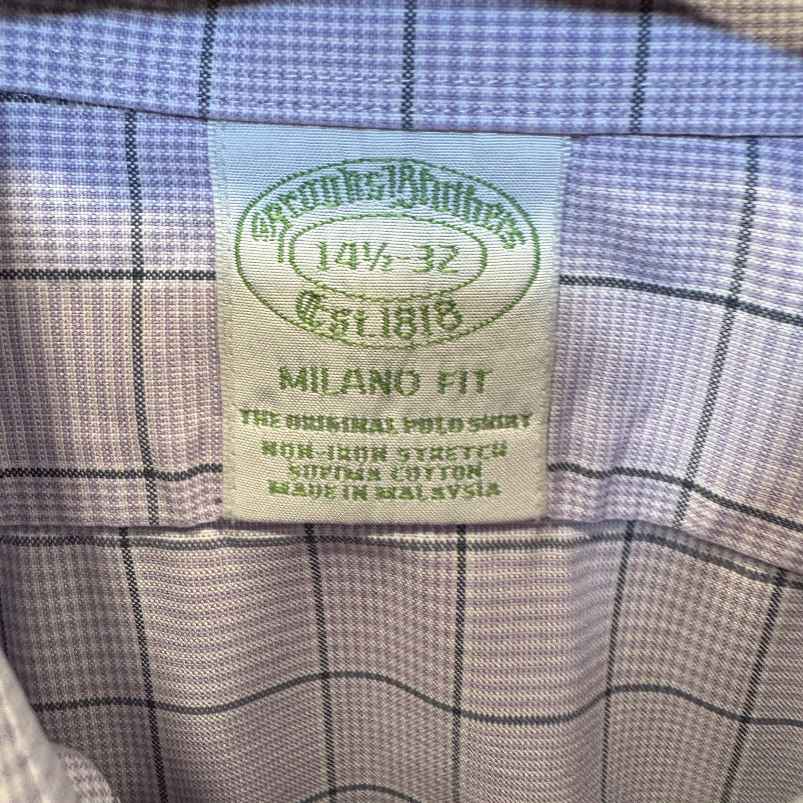 Brooks Brothers Milano Fit Dress Shirt 14.5-32 Purple Grid Check Non-Iron Supima