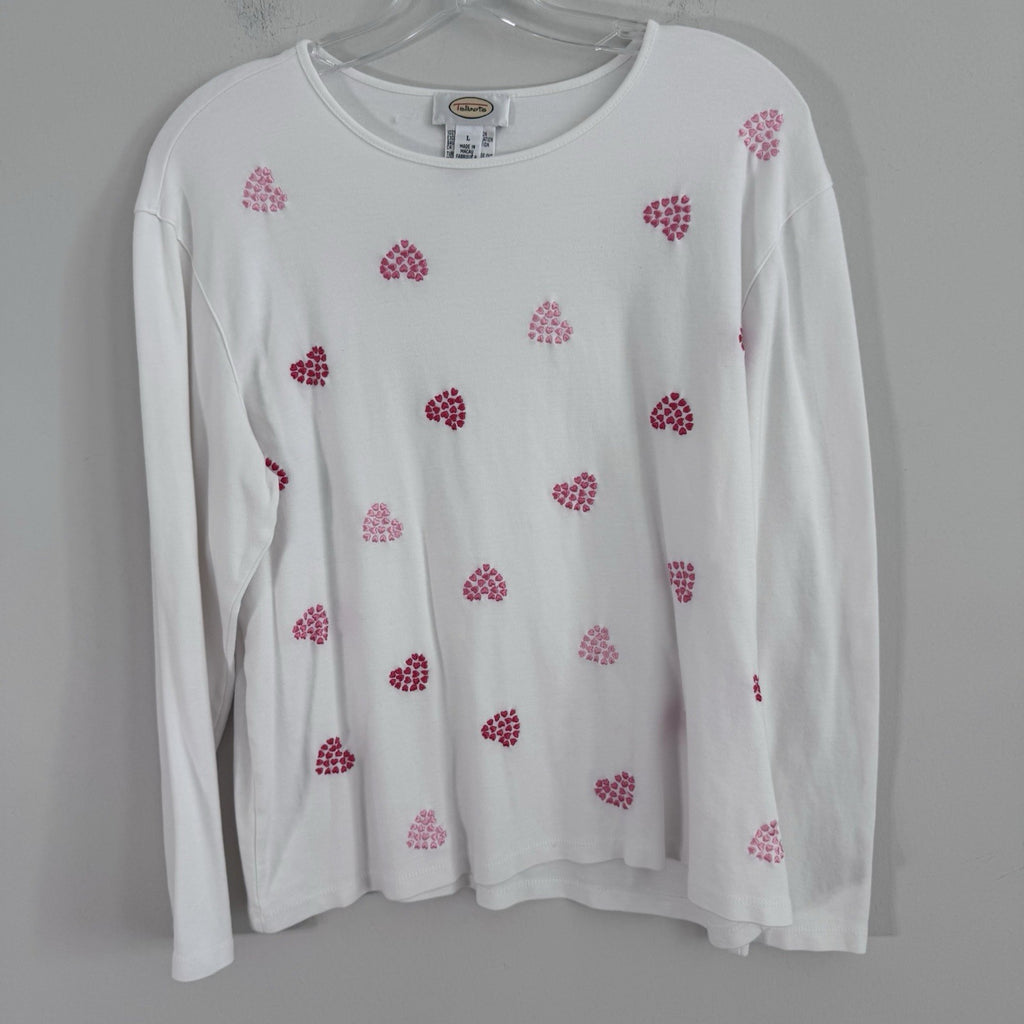 Talbots Womens Large White Pink Heart Print Long Sleeve Cotton Knit Top