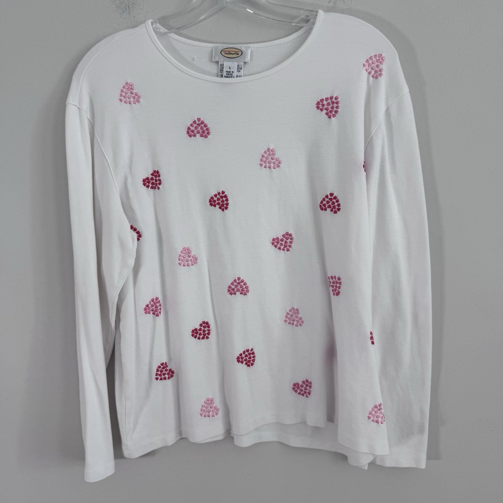 Talbots Womens Large White Pink Heart Print Long Sleeve Cotton Knit Top
