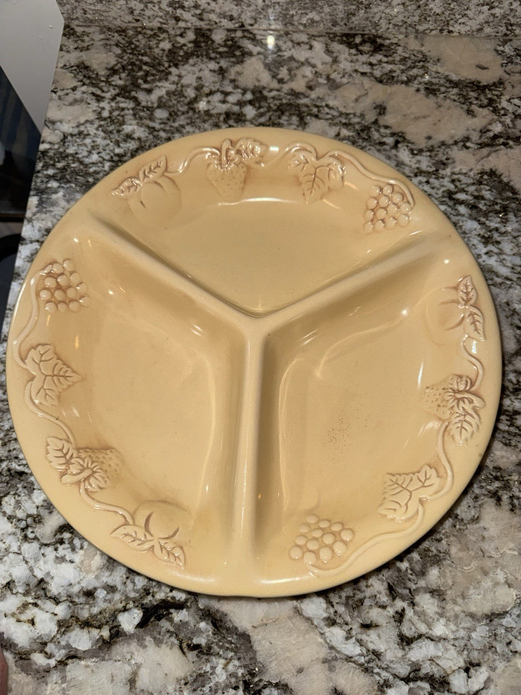 Vintage relish plate divided platter bowl fruit pattern beige ceramic large 13"