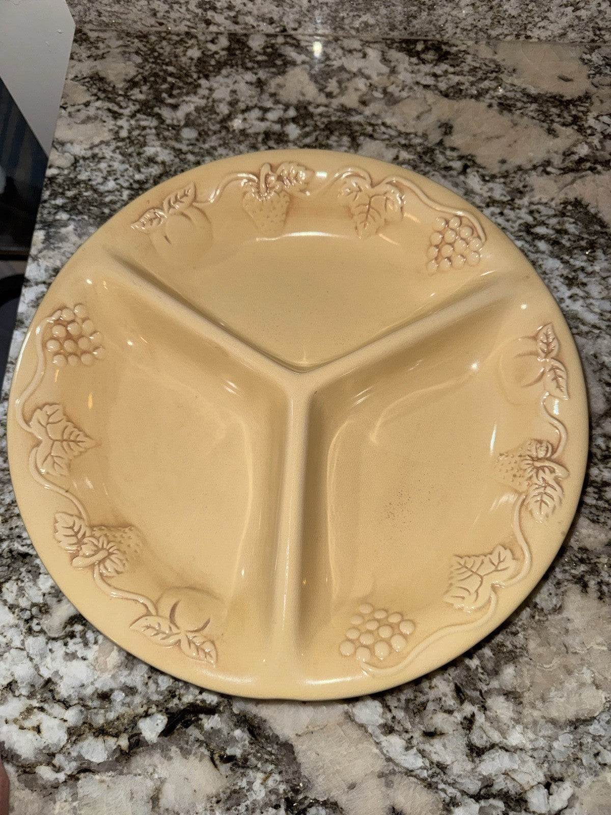 Vintage relish plate divided platter bowl fruit pattern beige ceramic large 13"