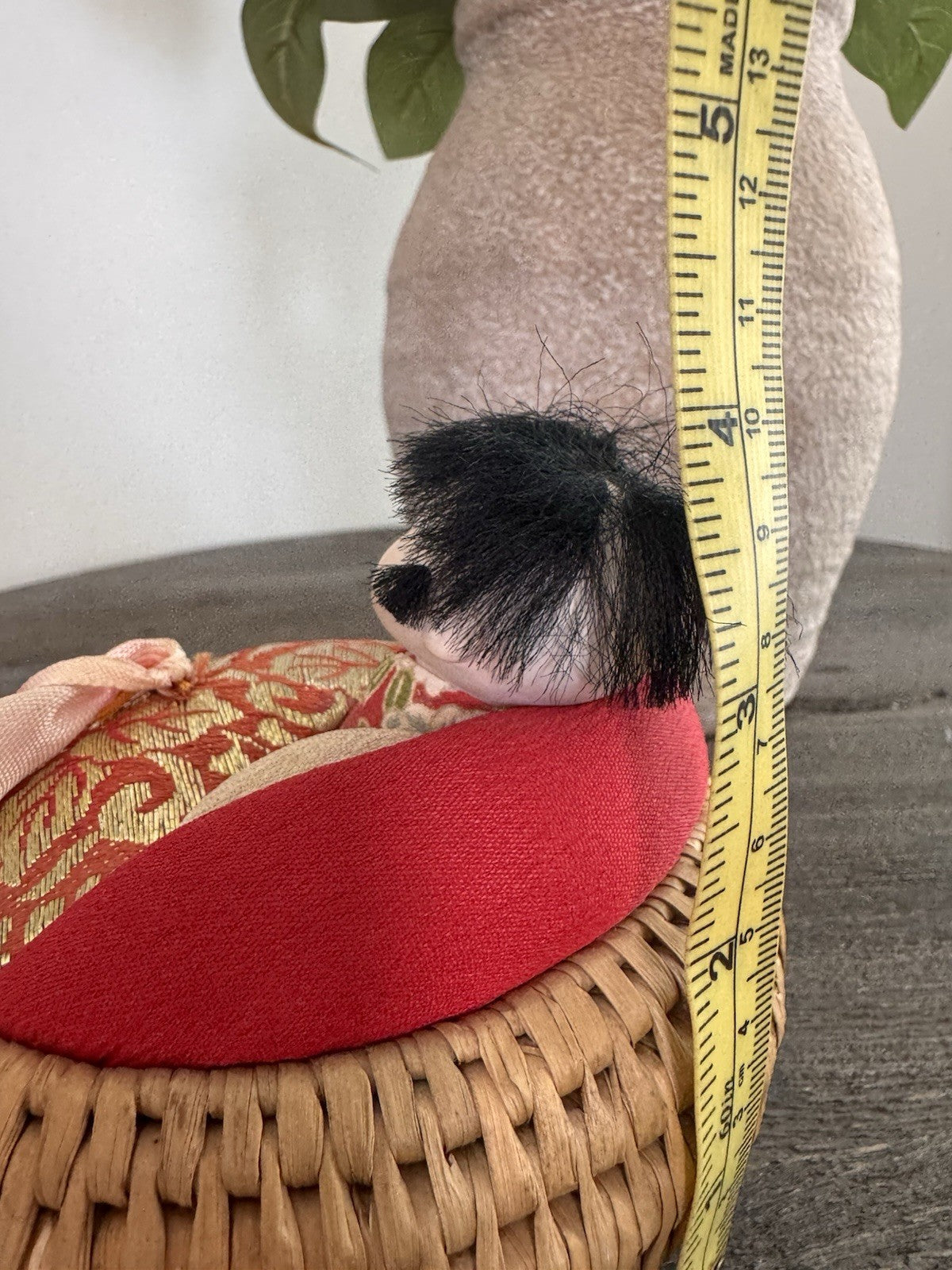 Vintage Japanese Woven Basket Doll Pincushion Geisha Silk Brocade Made in Japan