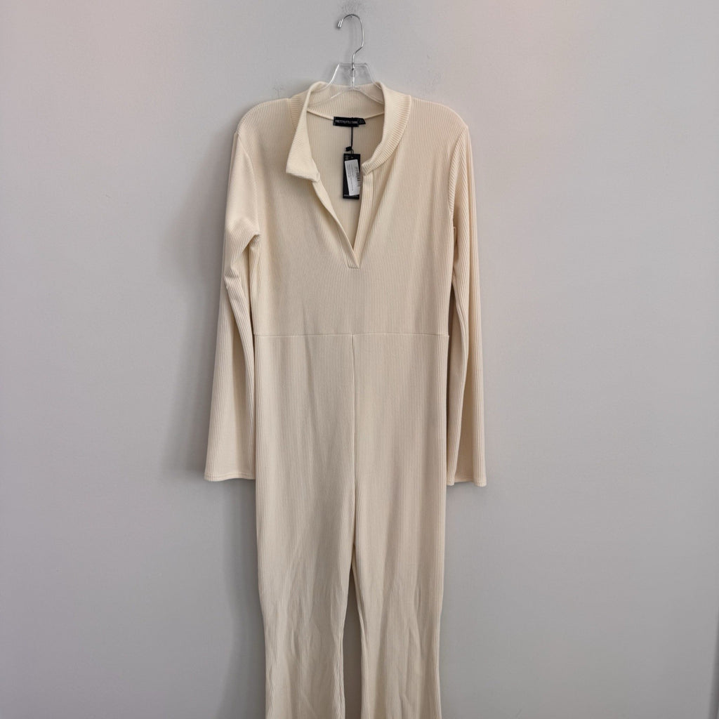 PrettyLittleThing Maternity Cream Rib Collar Flare Jumpsuit US 12 NWT