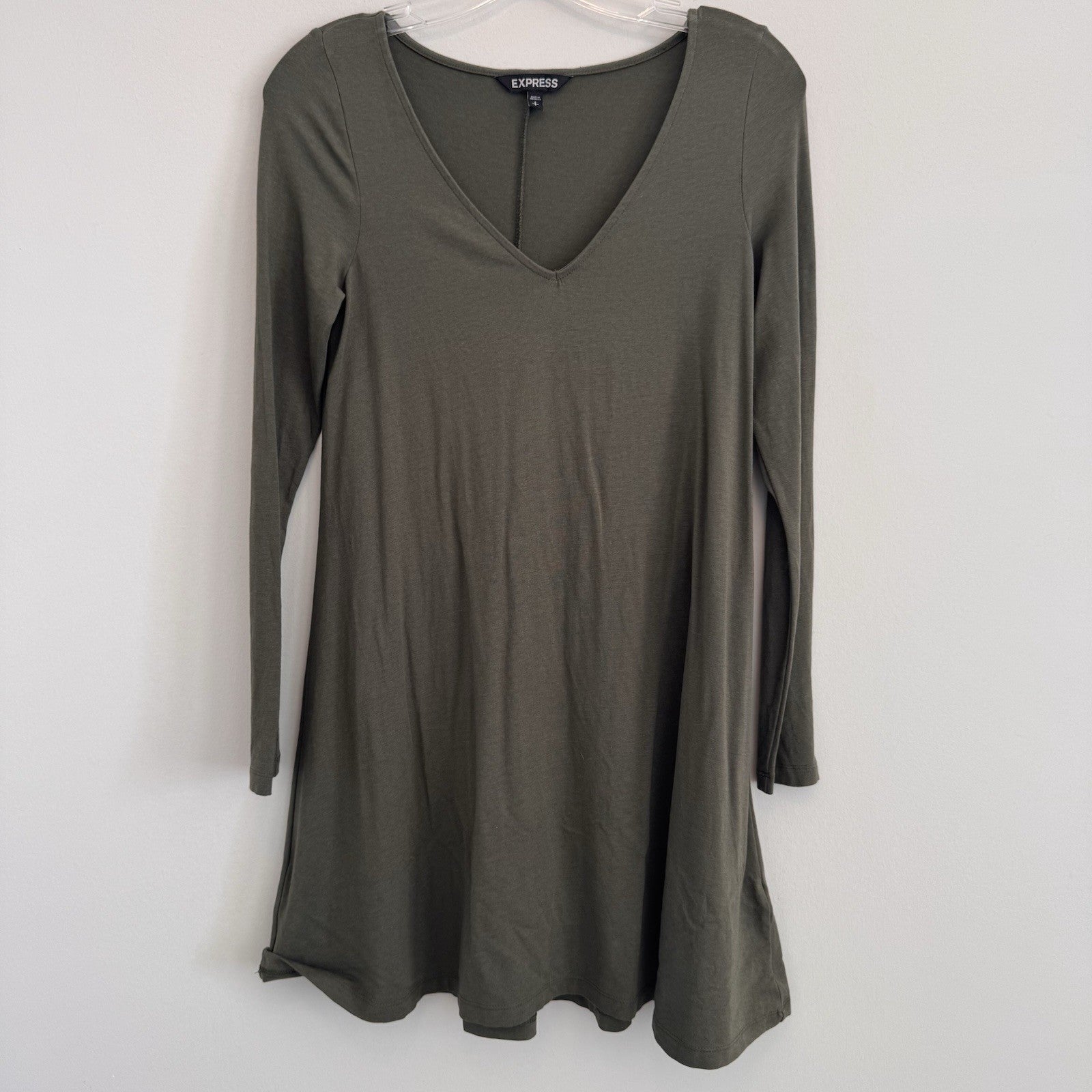 Express Olive Green Long Sleeve V-Neck Women's Casual Shift Dress Small