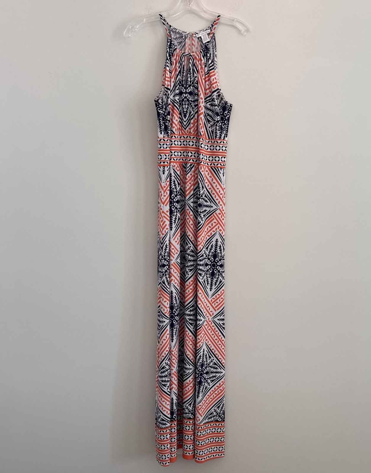 London Times Geo Tile Print Halter Maxi Dress Navy Orange Size 8