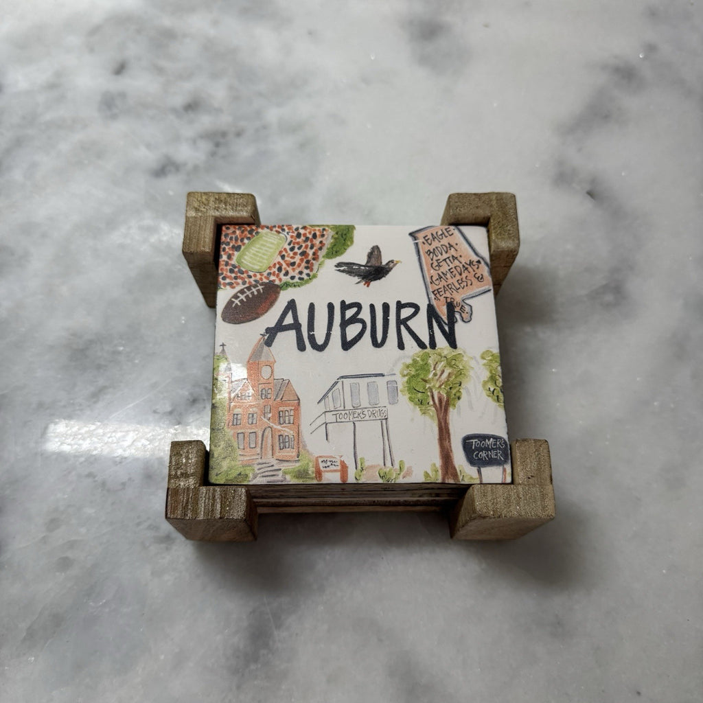 Auburn Alabama Ceramic Coaster Set w Wooden Holder Toomer’s Corner Tigers 4 New