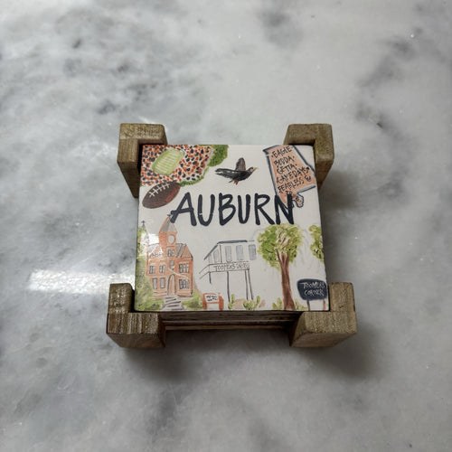 Auburn Alabama Ceramic Coaster Set w Wooden Holder Toomer’s Corner Tigers 4 New
