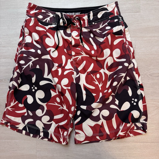 American Eagle Outfitters Board Shorts Men’s Size 32 Red Floral Swim Trunks 
