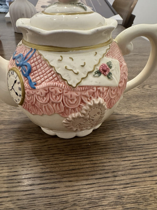 1990s Seymour Mann Ceramic Teapot w/ Floral Clock Bow Rose Design