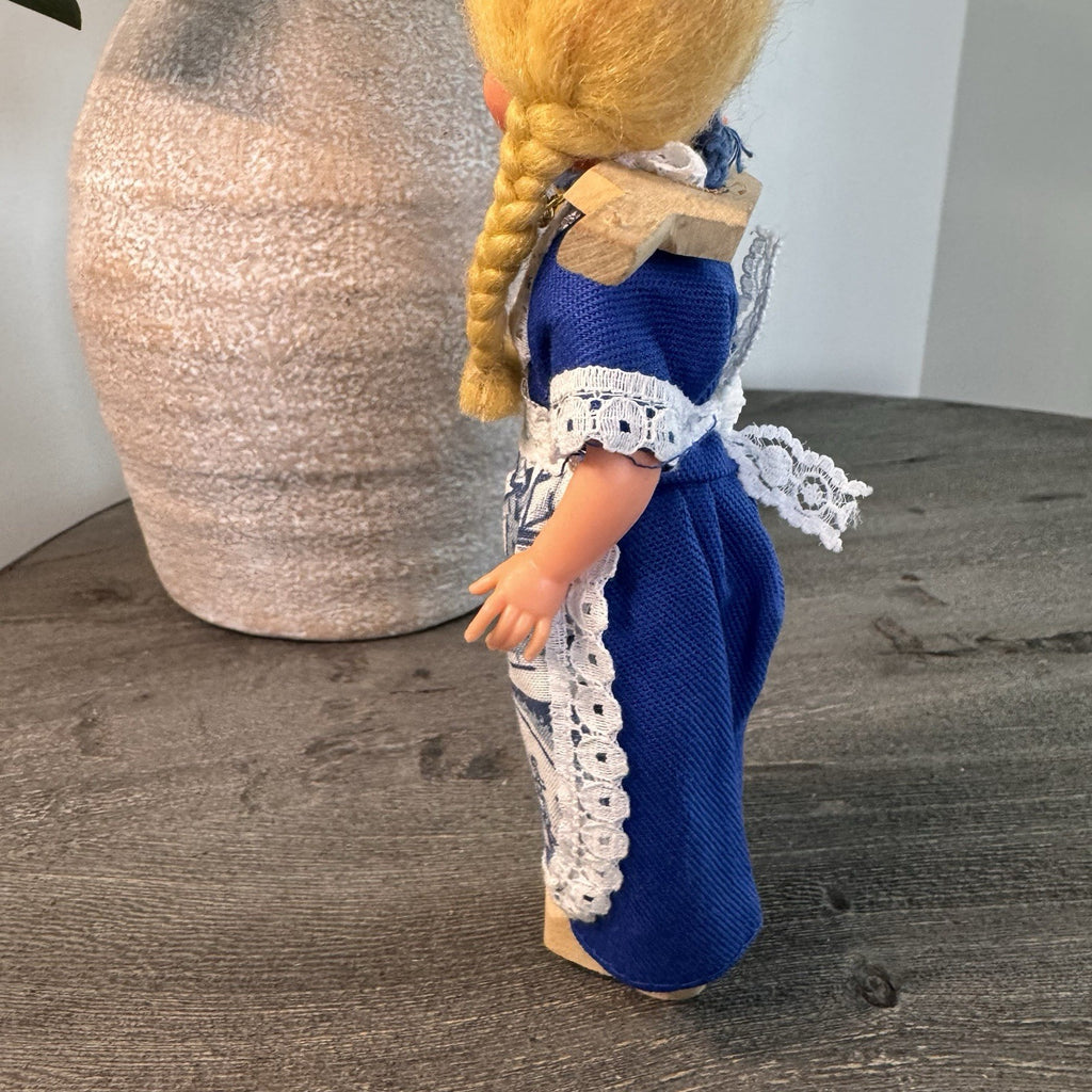 Vintage Dutch Girl Doll 7" Blonde Braids Wooden Clogs Windmill Dress Yoke