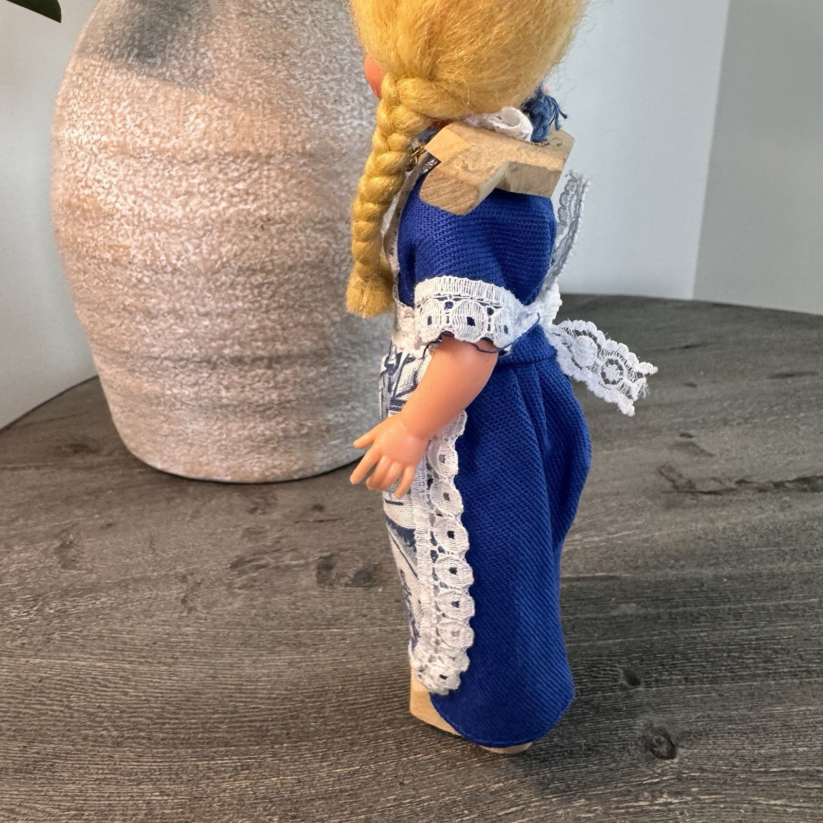 Vintage Dutch Girl Doll 7" Blonde Braids Wooden Clogs Windmill Dress Yoke