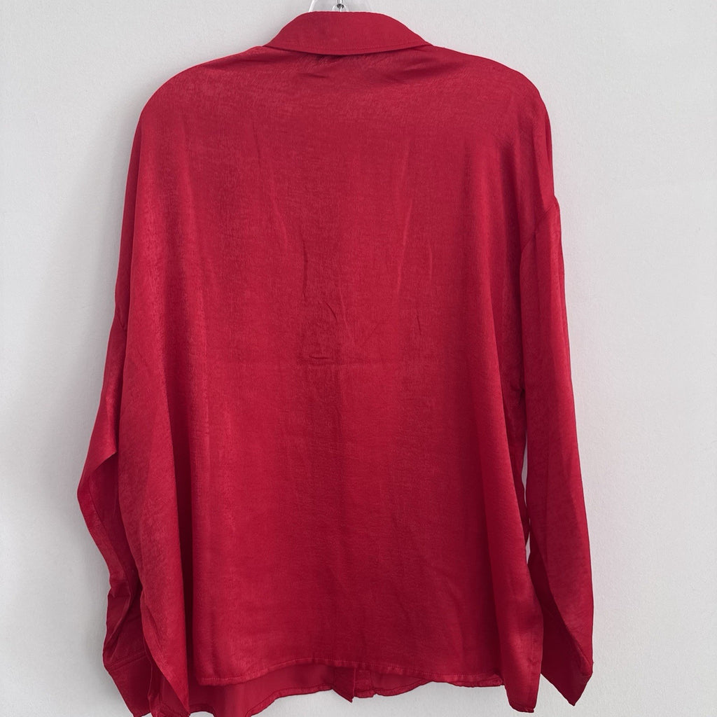 AURA Red Dress Boutique Blouse M Sheer Button Front Collared