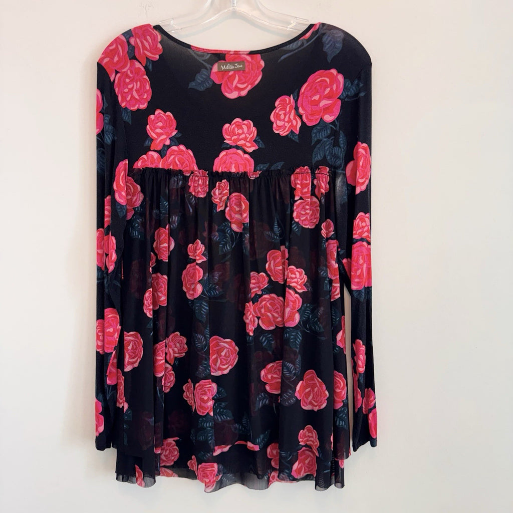 Matilda Jane XS Black Floral Babydoll Tunic Dress Mesh Roses Modal Jersey Soft