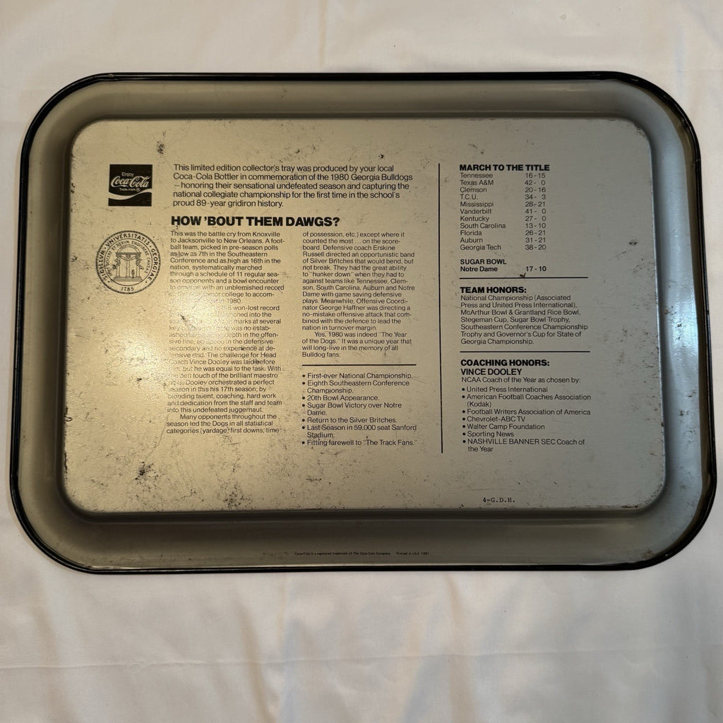 Rare Vintage 1980 Coca-Cola GEORGIA National Champs Serving Tray Pre Owned
