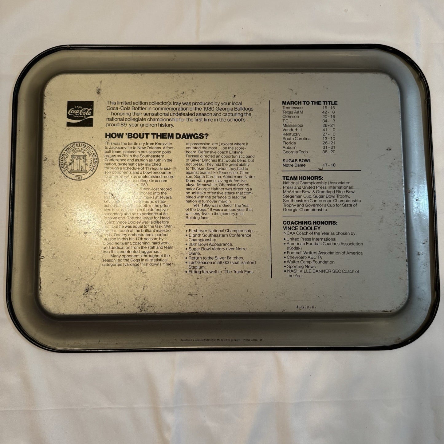 Rare Vintage 1980 Coca-Cola GEORGIA National Champs Serving Tray Pre Owned