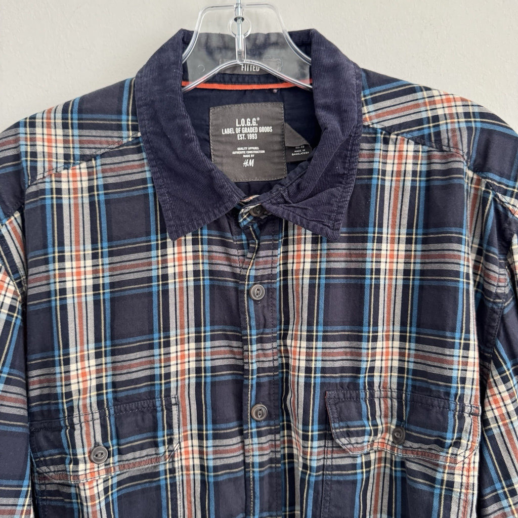 H&M L.O.G.G Mens XL Plaid Flannel Shirt Blue Corduroy Collar