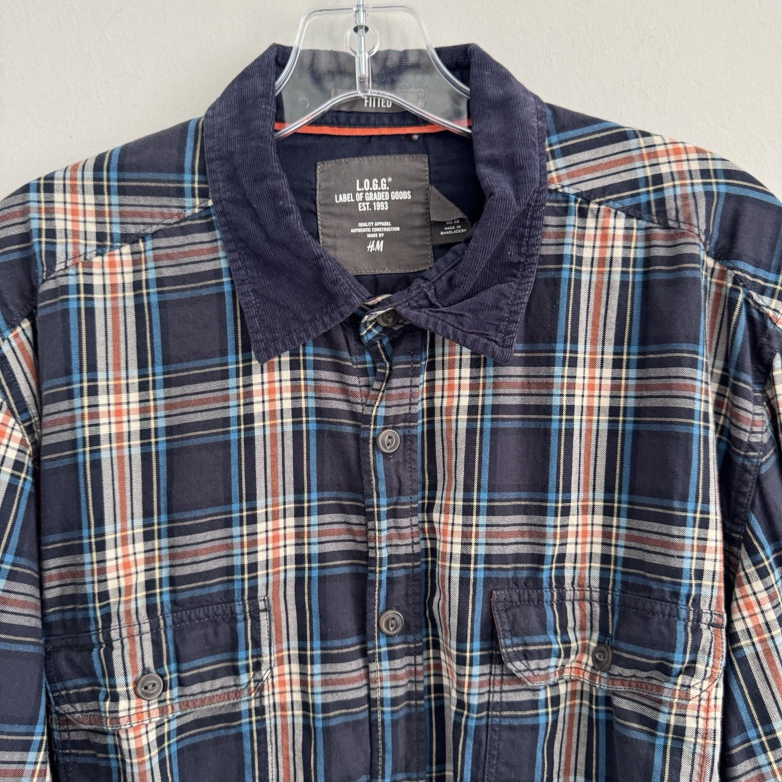 H&M L.O.G.G Mens XL Plaid Flannel Shirt Blue Corduroy Collar