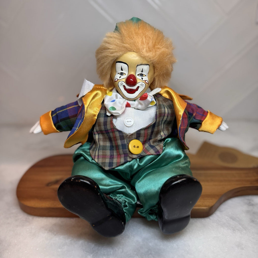 Vintage Porcelain "Shelf Sitter"  Weighted Clown Dolls - Set of 2 - Hand Painted