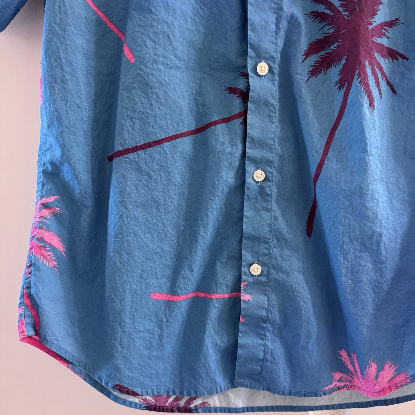 Bonobos Slim Fit Short Sleeve Shirt M Blue Pink Palm Tree Print 100% Cotton