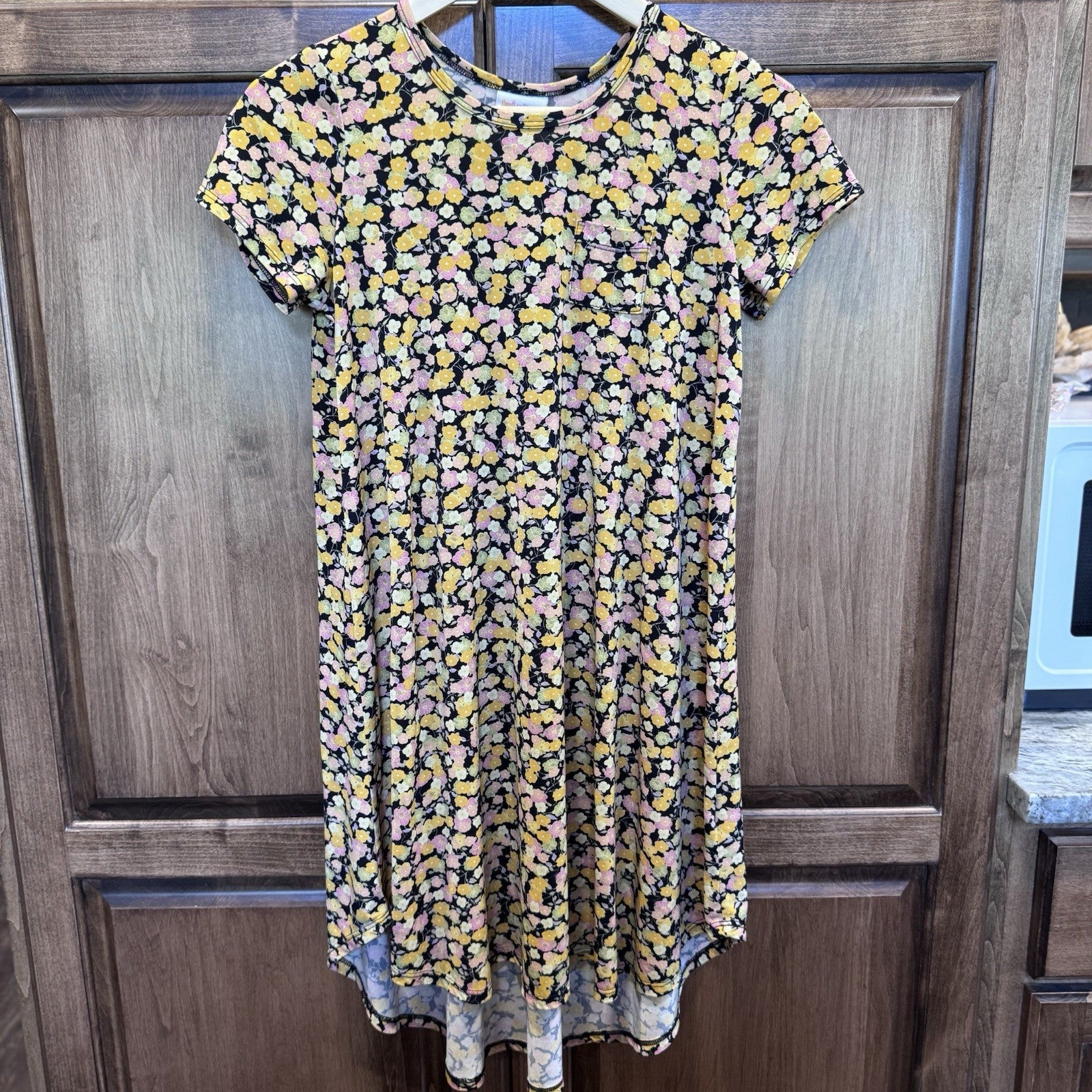 LuLaRoe Girls Floral Swing Dress Size 12 Yellow Pink Black Short Sleeve A-Line
