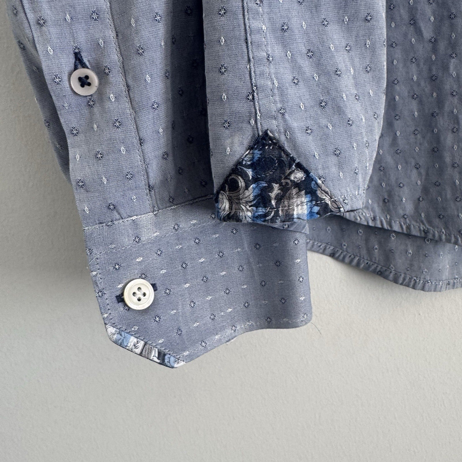 RGB Black Label Mens XL Blue Micro Dot Shirt Floral Trim Cotton