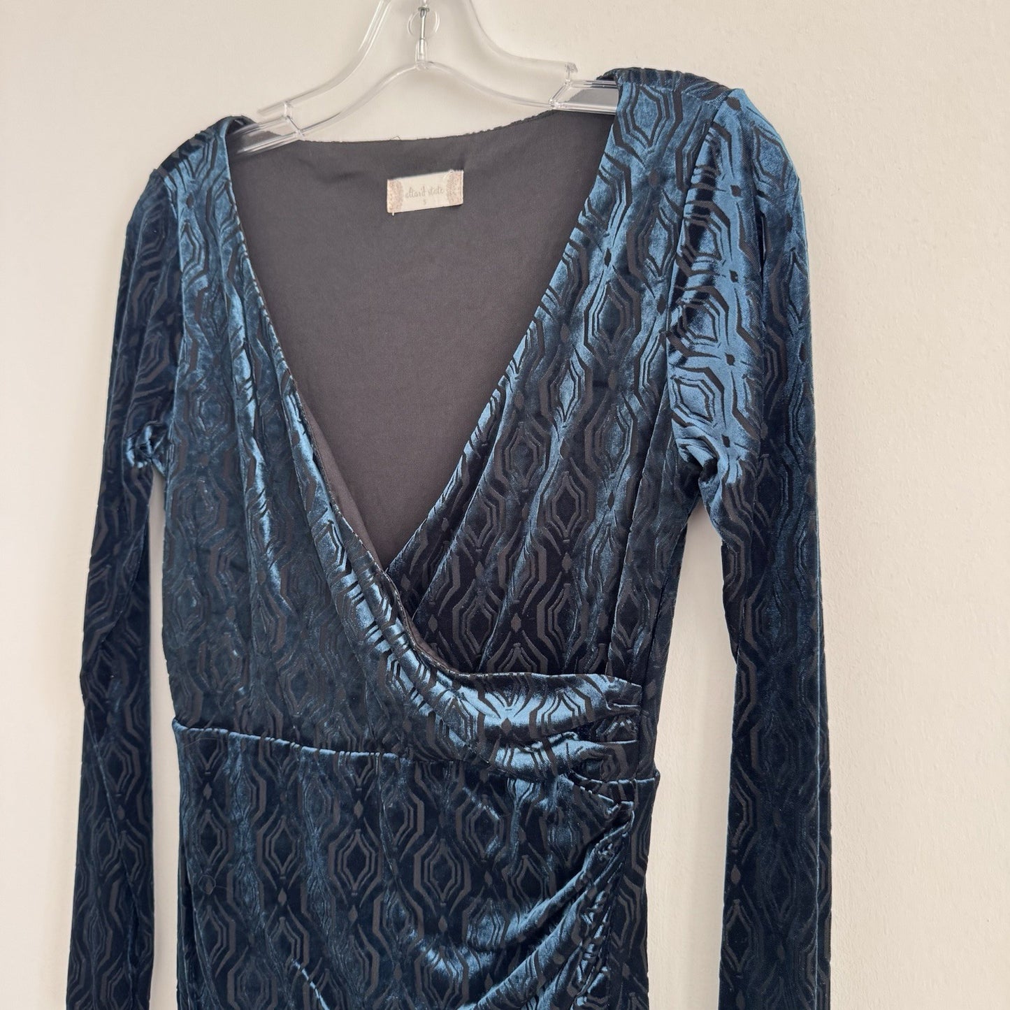 Altar’d State Velvet Wrap Dress S Teal Long Sleeve Ruched Bodycon