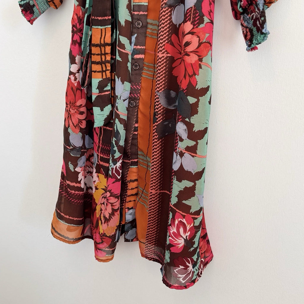 New York & Co XS Long Sleeve Midi Shirtdress Mixed Pattern Floral Plaid Belted