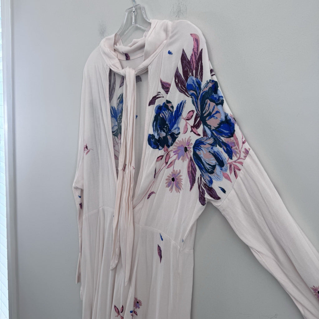 Free People Medium Floral Tie Gemma Dress Tunic Top Pink Blue Boho Rayon Womens