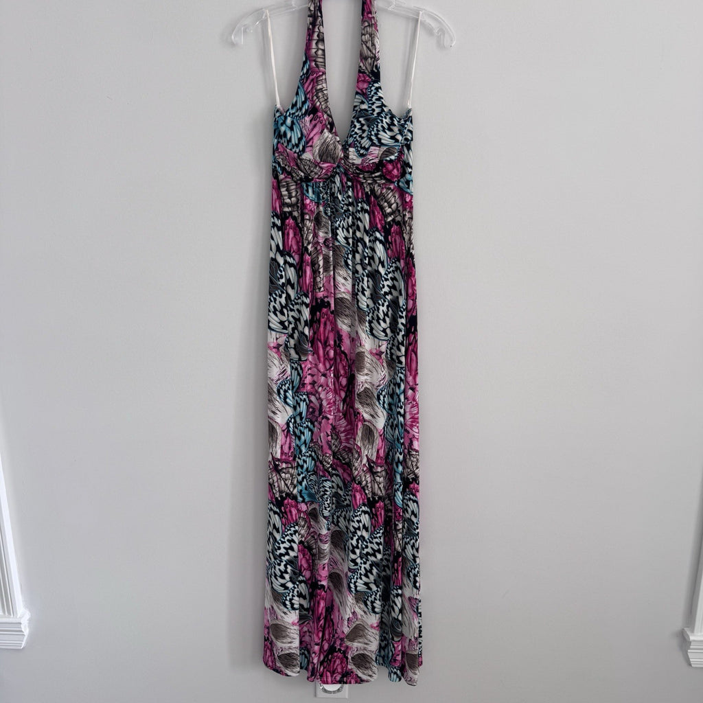 Body Central Y2K Butterfly Halter Maxi Dress Pink Teal M
