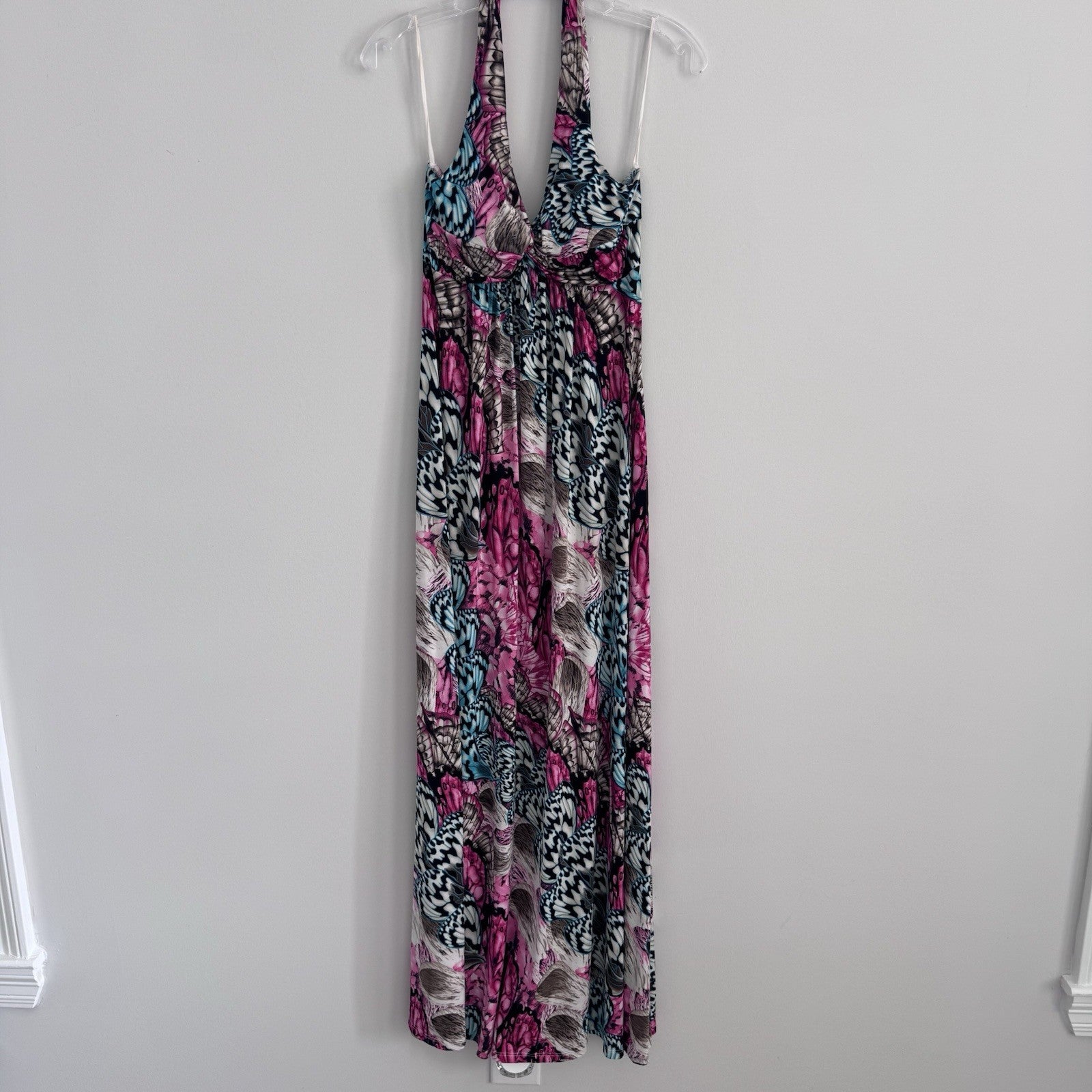 Body Central Y2K Butterfly Halter Maxi Dress Pink Teal M