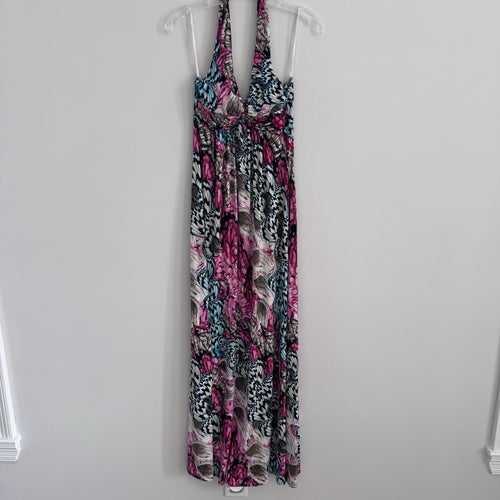 Body Central Y2K Butterfly Halter Maxi Dress Pink Teal M