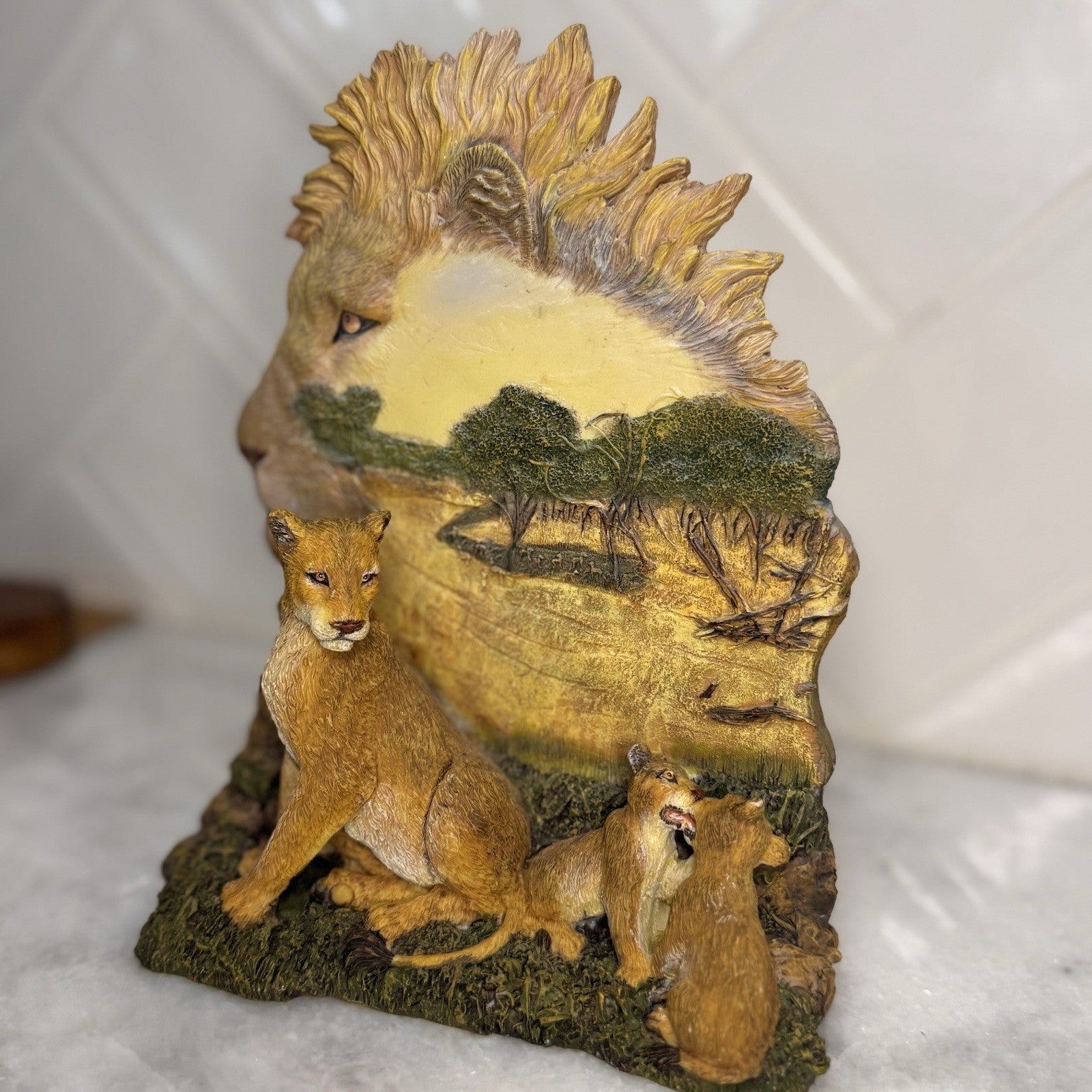 Vintage Lion Family High Relief Resin Sculpture African Savanna Wildlife Decor