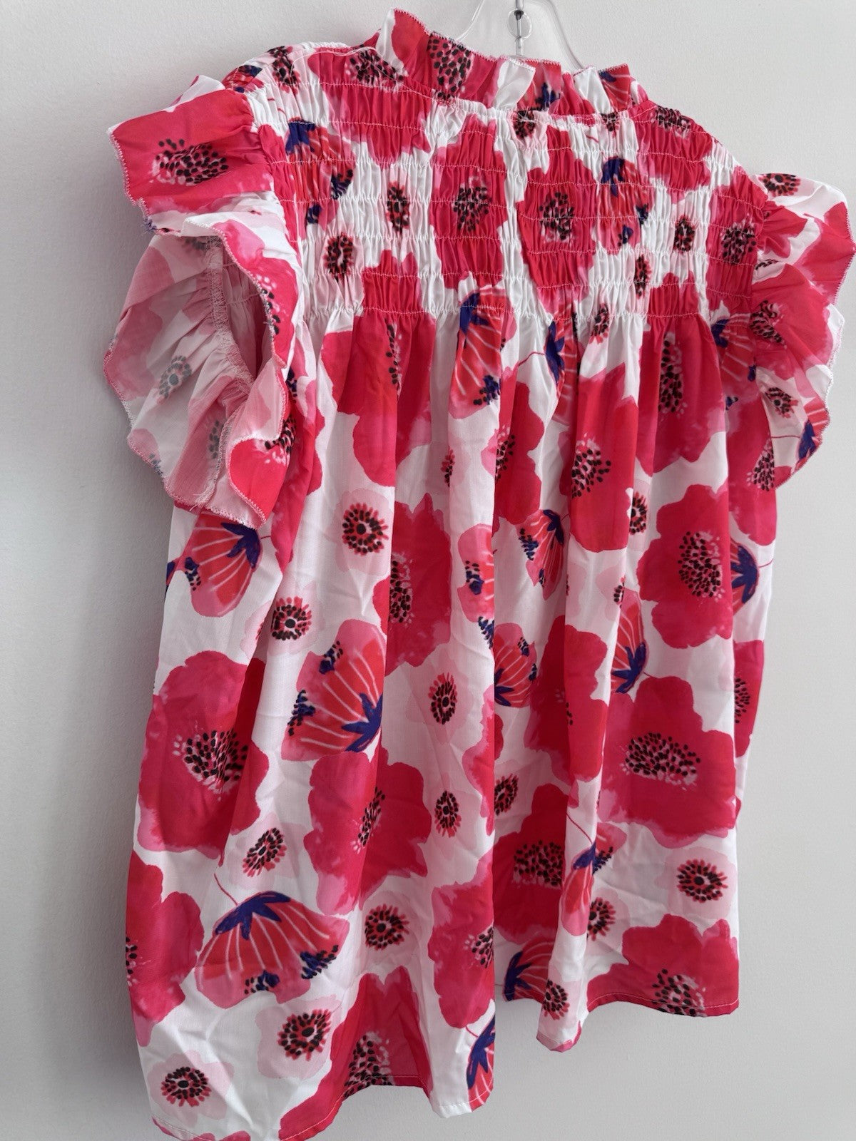 BiBi Pink Floral Blouse Small Smocked Ruffle Sleeve Button Front Top