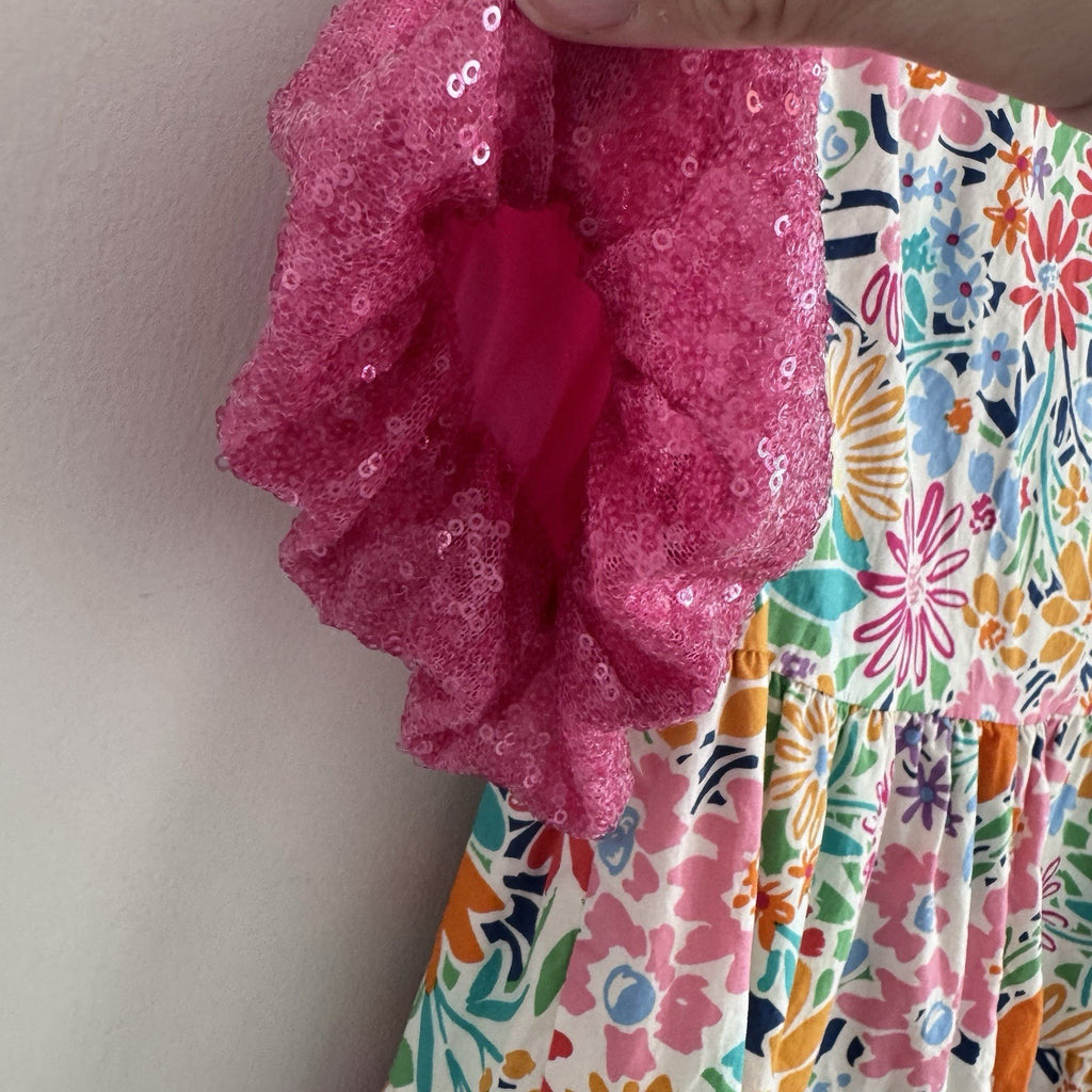 Blue B Collection Small Floral Tiered Dress Pink Sequin Sleeves 