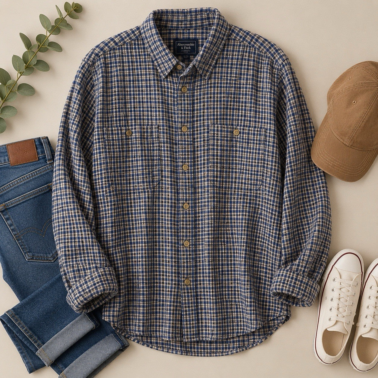 Abercrombie & Fitch XL Plaid Button Up Shirt Blue Beige Cotton Flannel